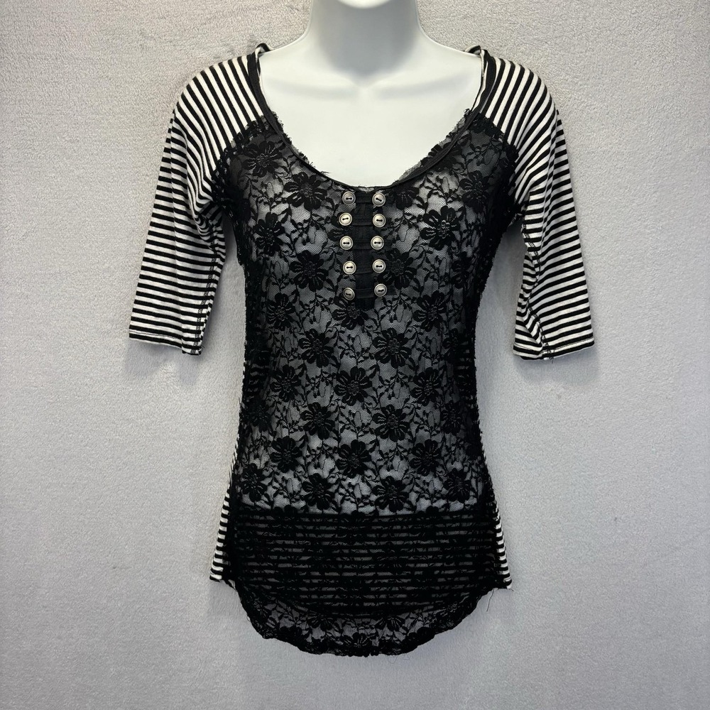 BKE Sheer Lace Henley Top Shirt Womens XS Black Goth Punk Biker Chrome Hearts